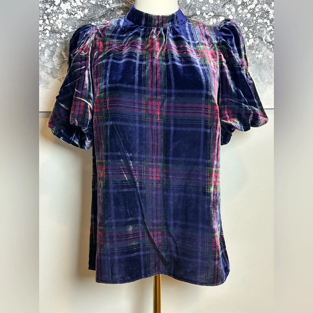 Boden Velvet Plaid Puff Sleeve Top - Navy, Red & Green size US 4 UK 8